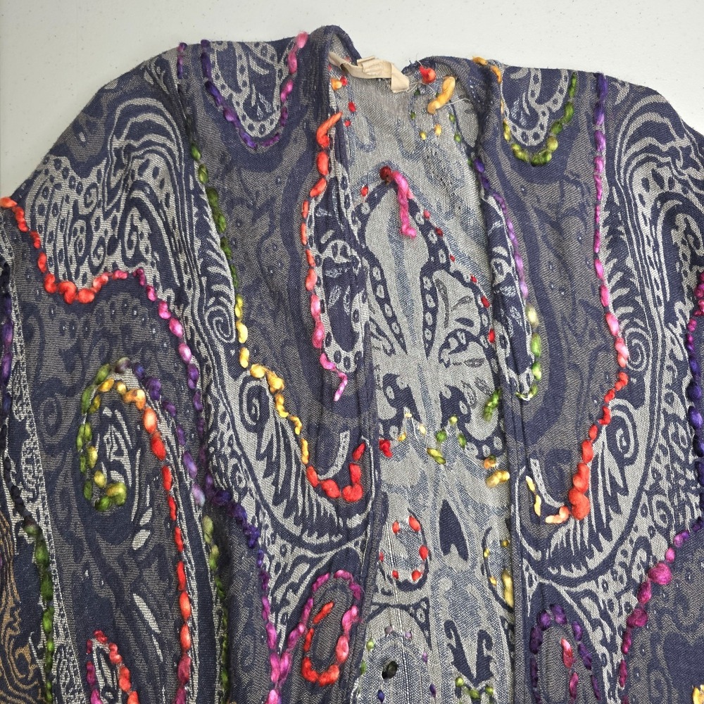 SOFT SURROUNDINGS Paisley Embroidered Kimono Cardigan One Size Boho Fringe -2770